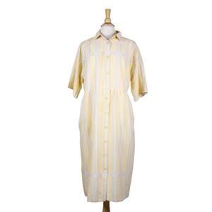 Vintage shirt dress butter yellow grey plaid picnic 60s 70s cotton sz 16 L